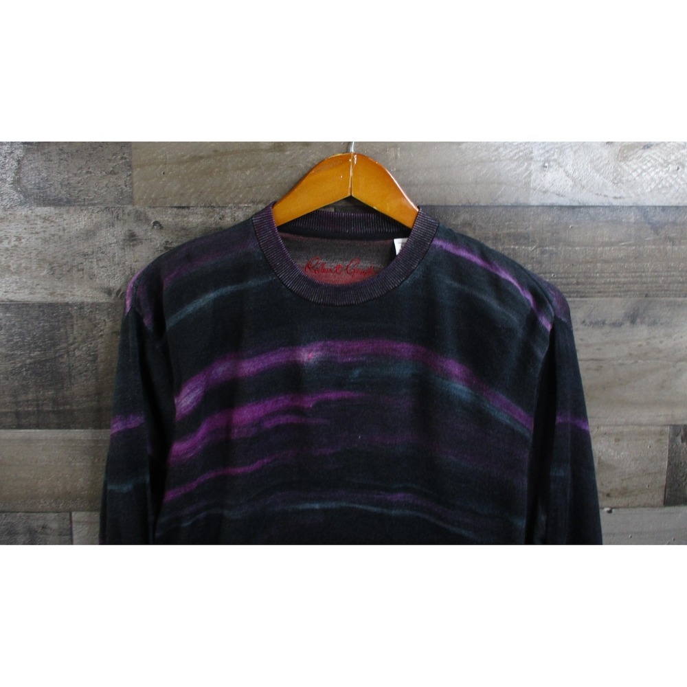 Robert Graham Sweater Mens Medium Black Purple Wool Crewneck Classic Fit Striped
